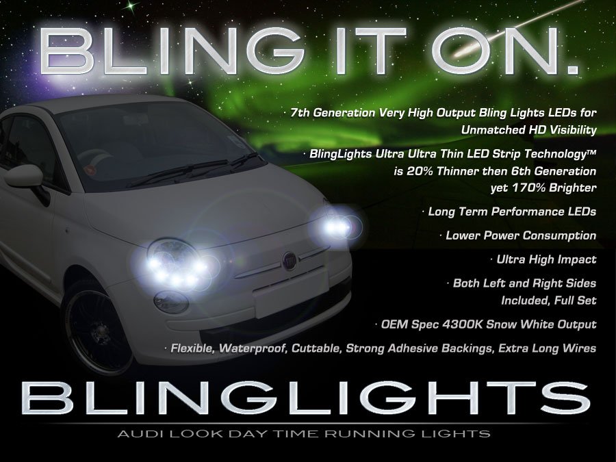 Fiat 500 LED DRL Light Strips for Headlamps Headlights Head Lamps Day Time Running Strip Lights