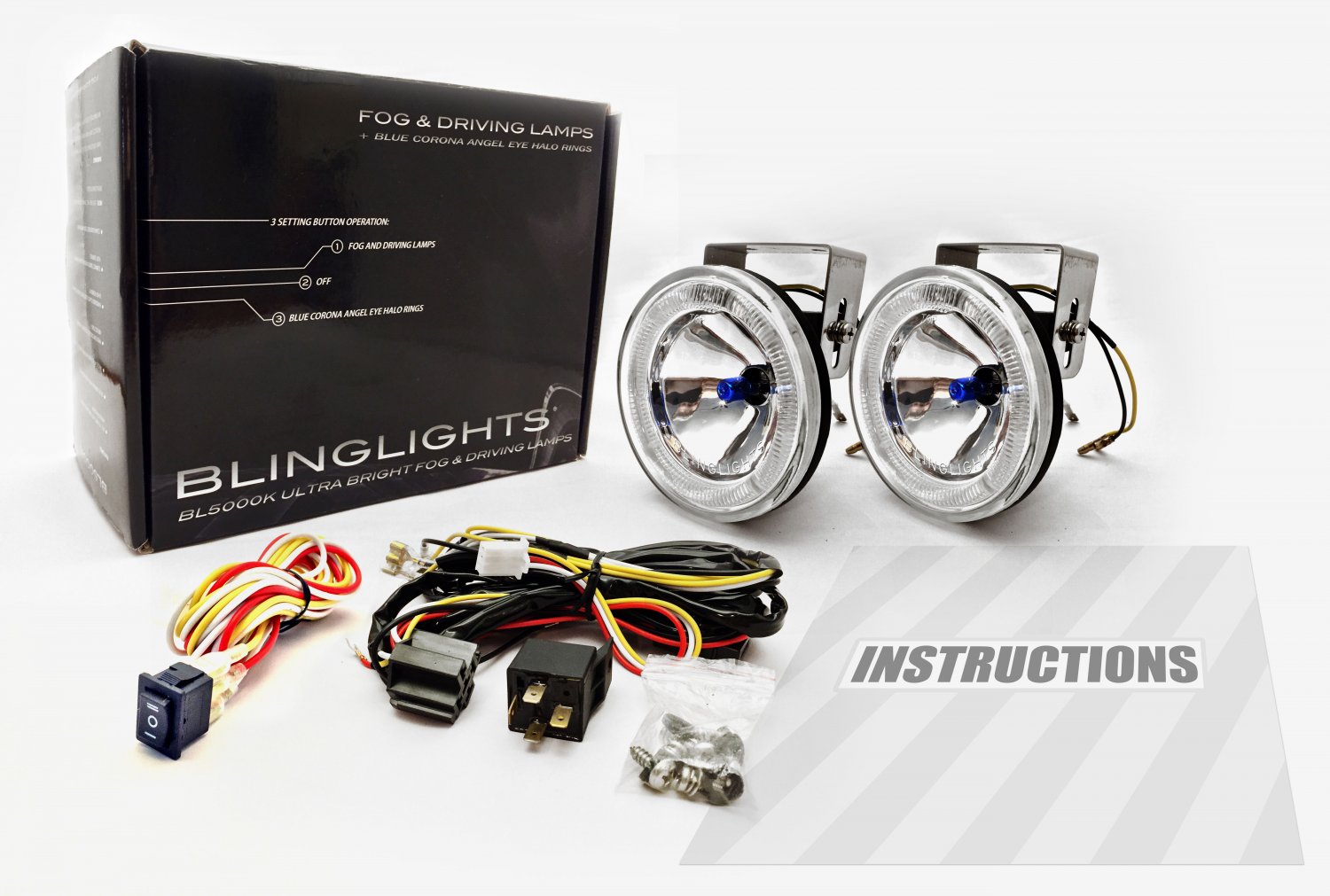 BlingLights BL5000K 4-Inch Round Blue Halo Angel Eye Fog Driving Lamp Kit