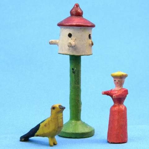 Antique German Christmas Putz Erzgebirge Miniature Carved Wood Woman Bird feeder Bird Village