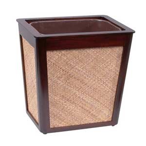 Rattan Wastebasket with Mahogany Trim