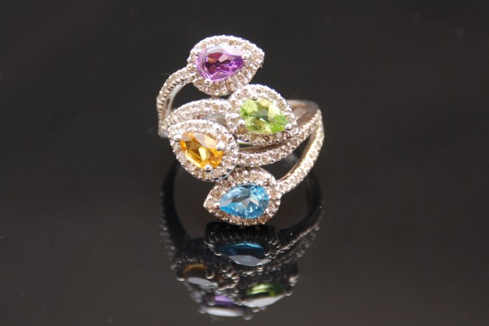 Diamond Citrine, Topaz, Peridot, Amethyst Leaves 14K Gold Ring