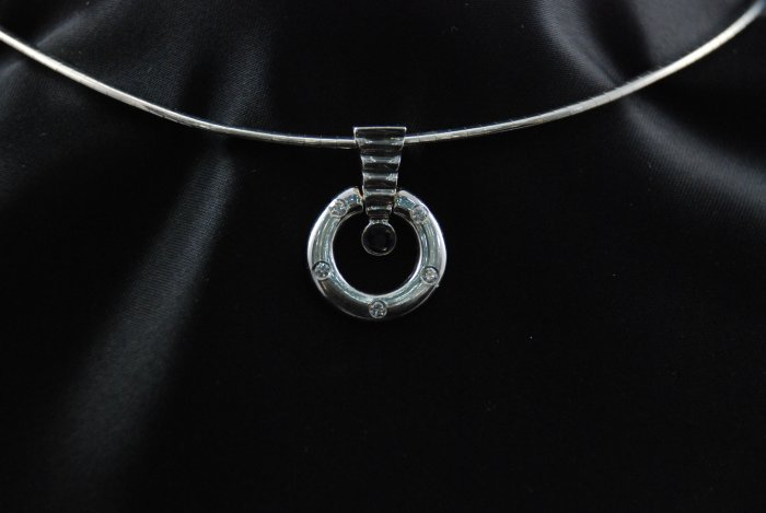 Circle of Diamond Pendant with Blue Sapphire and Thick Omega 14K Necklace