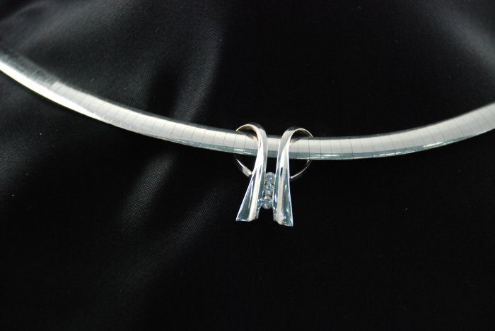 Double Ribbon Three Diamond Pendant Italian Thick 14K Omega Necklace