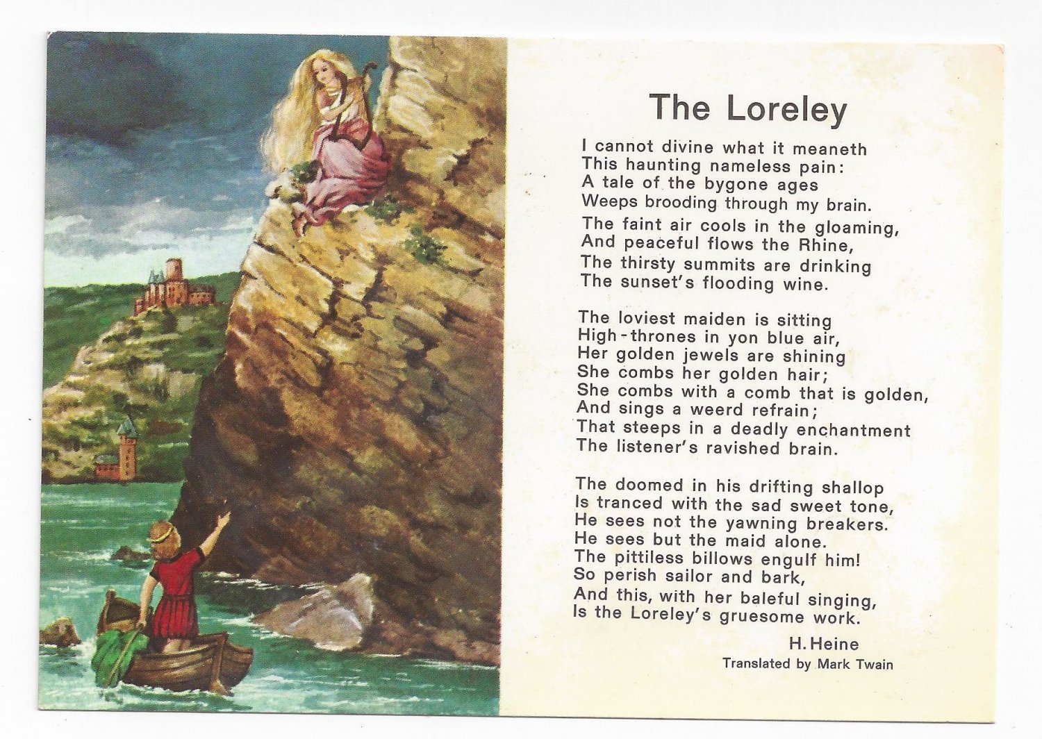 Loreley Die Lorelei Poem Heine Poem Rhine Rock Siren Vintage Postcard 4X6