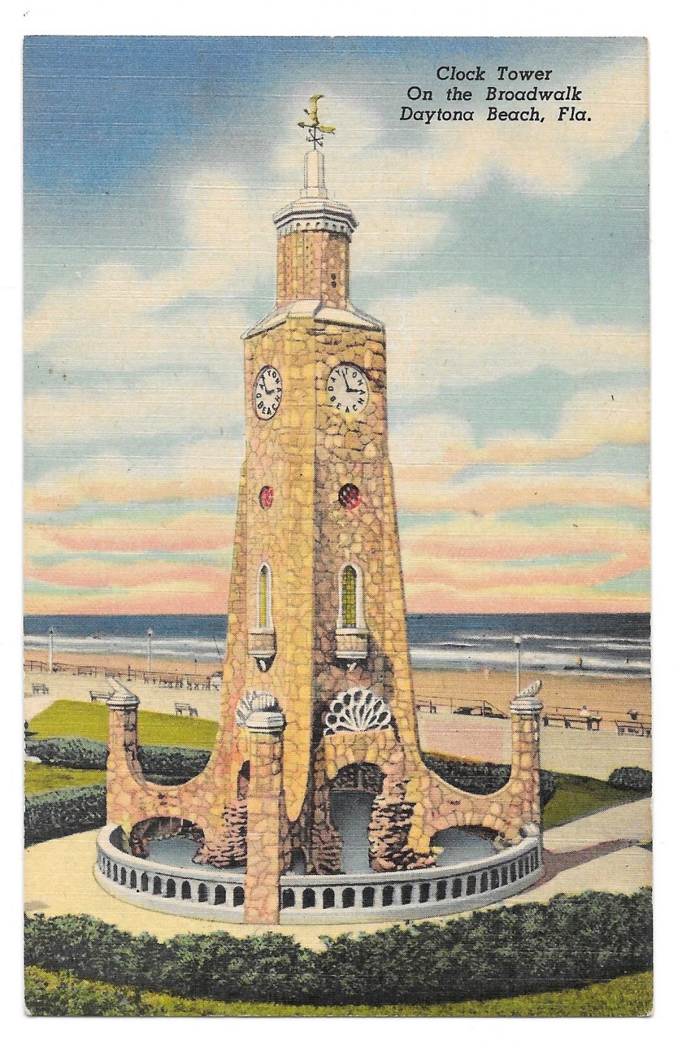 FL Daytona Beach Clock Tower Boardwalk Vintage Linen Postcard