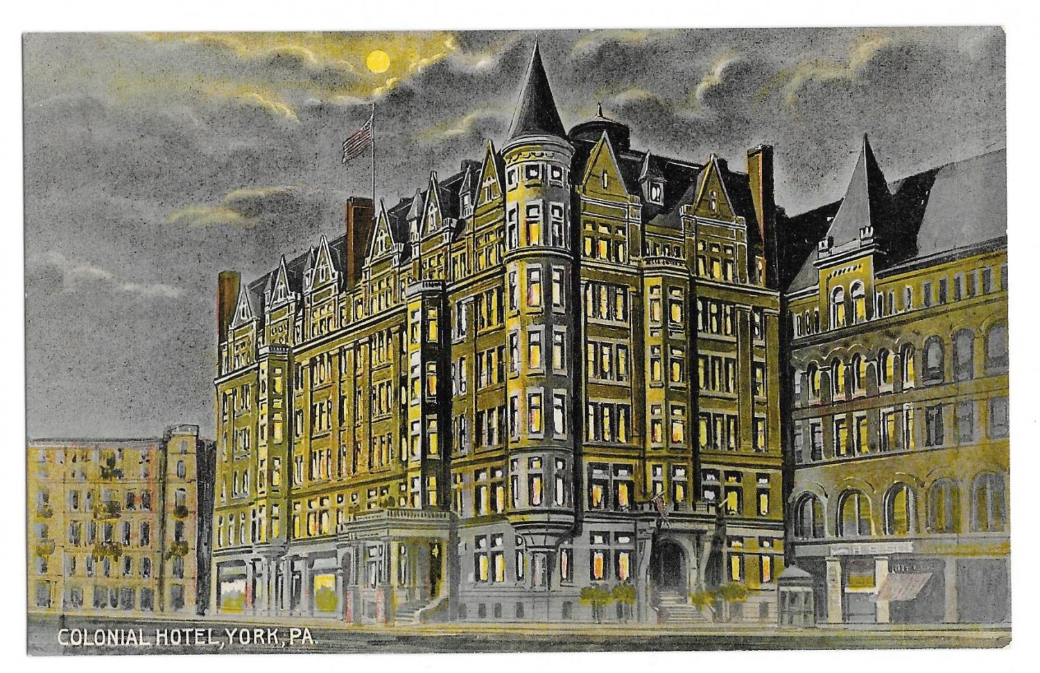 York PA Colonial Hotel Night Vintage Postcard Wallick's News Stand York PA Colonial Hotel Night Vintage Postcard Wallick's News Stand