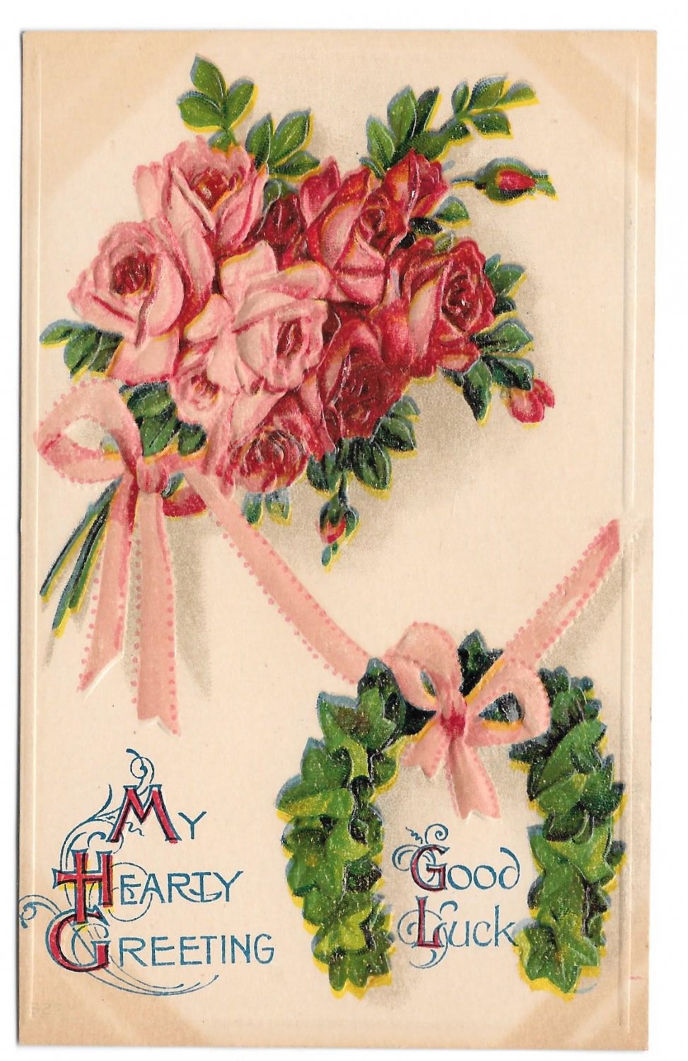 Good Luck Greetings Bouquet of Roses Ivy Horseshoe Embossed Vintage
