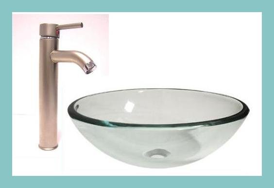 Clear Tempered Glass Vessel Sink & Nickle Finish Faucet Combo