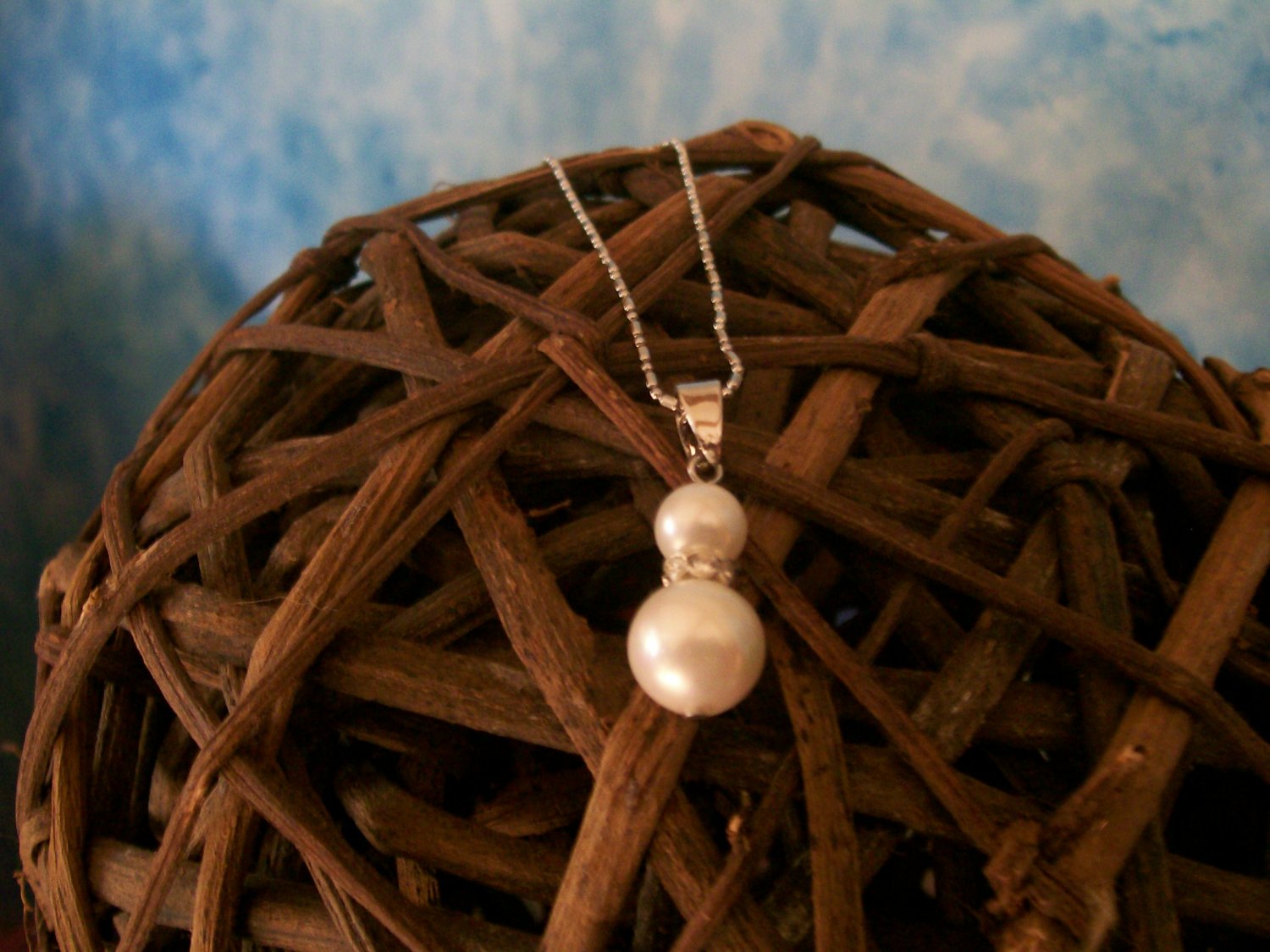 Double Pearl W/crystals & 925 Sterling Silver Necklace