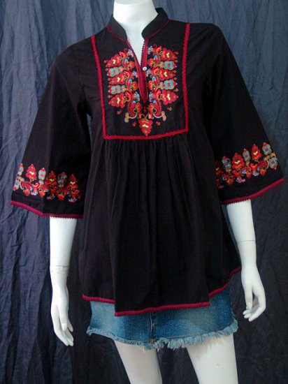 BLACK BOHO FLARED SLEEVES FLORAL EMBROIDERY COTTON TOP