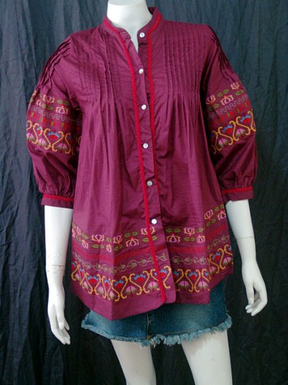 PURPLE FLUFF SLEEVES BOHO FLORAL EMBROIDERY COTTON TOP