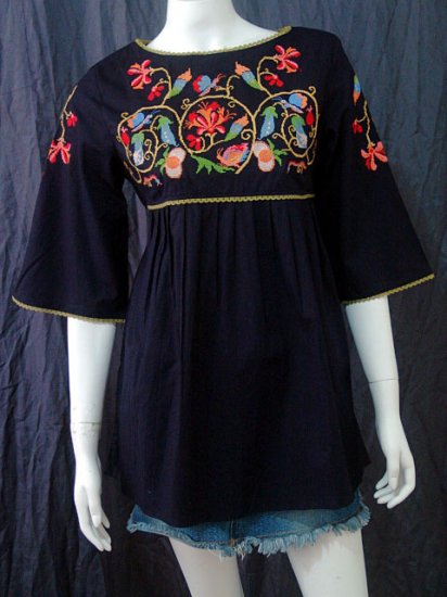 BLACK BABYDOLL BOHO FLARED SLEEVE FLORAL EMBROIDERY TOP