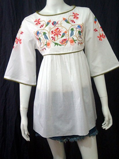 White BABYDOLL BOHO FLARED SLEEVE FLORAL EMBROIDERY TOP