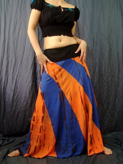 BLUE/ORANGE GYPSY BOHO TIE DYE DRAWSTRING LONG SKIRT