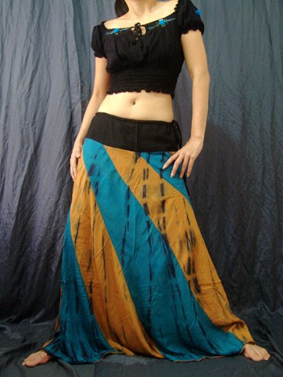 GREEN/BROWN GYPSY BOHO TIE DYE DRAWSTRING LONG SKIRT