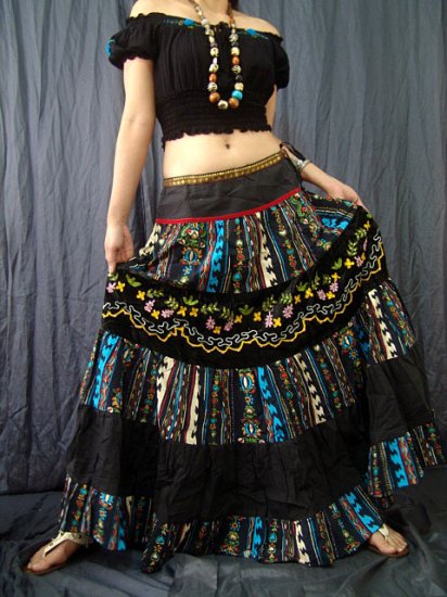 Black Gothic Gypsy Foho Peasant Tiered Printed Drawstring Long Skirt