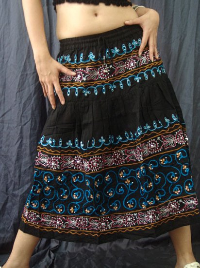 Black Gypsy Boho Tiered Blue Embroidery Sequins Drawstring Skirt