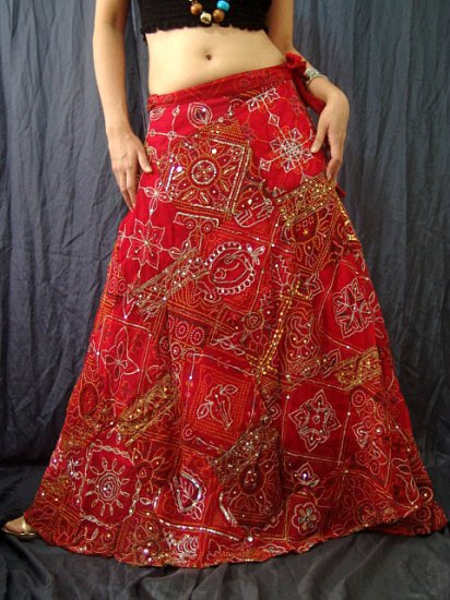 Red Viscose Gypsy Bohemian Ethnic Patchwork Sequins Wraparound Long Skirt