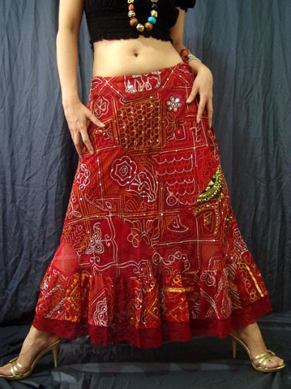 Red Viscose Gypsy Bohemian Ethnic Patchwork Sequins Drawstring Skirt