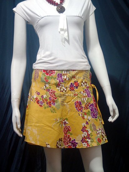 Yellow Vintage Style Japanese Floral Cotton Short Wraparound Skirt