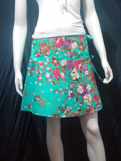 Light Green Vintage Style Japanese Floral Cotton Short Wraparound Skirt