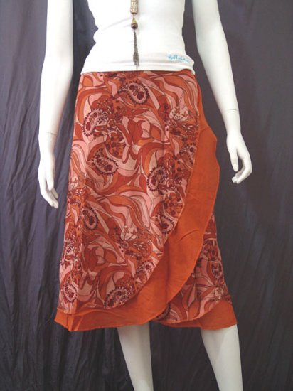 Brown 2-layer Printed Knee length Beach Resort Cotton Wrapround skirt / Halter Top
