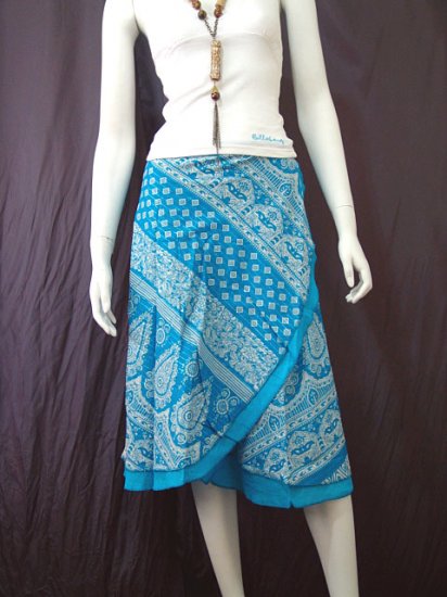 Blue 2-layer Printed Knee length Beach Resort Cotton Wrapround skirt / Halter Top