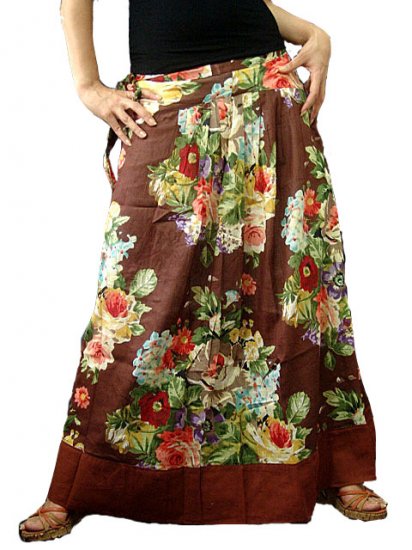 Brown Cotton Floral Long Skirt