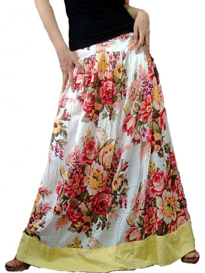White Cotton Floral Long Skirt