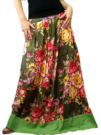 Green Cotton Floral Long Skirt