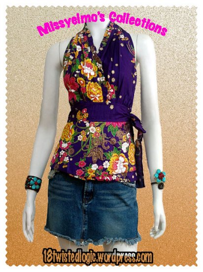 Purple Cotton Floral V-neck Ruffles Wrap Halter Top / Blouse