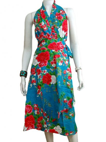 BLUE RUFFLES V-NECK FLORAL HALTER WEDDING WRAP DRESS SZ M to XL