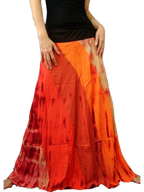 ORANGE GYPSY BOHO TIE DYE DRAWSTRING LONG SKIRT