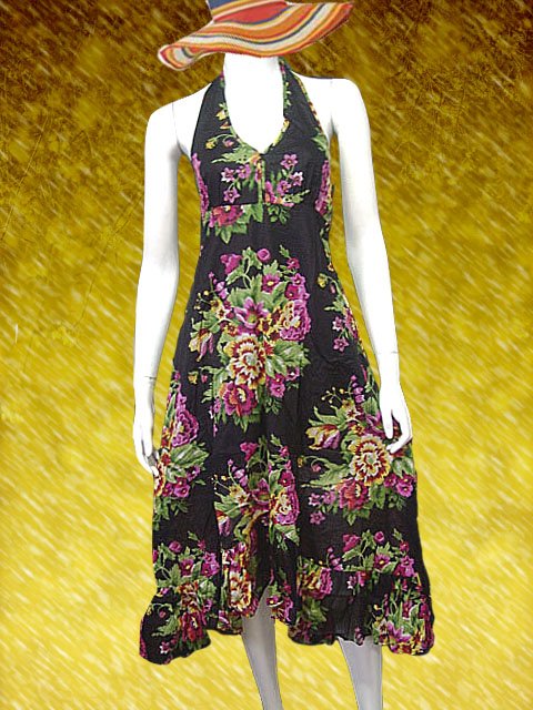 Black V-neck Cotton Halter Garden Party Dress