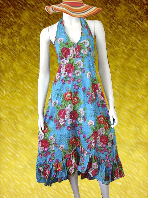 Blue V-neck Garden Floral Halter Dress