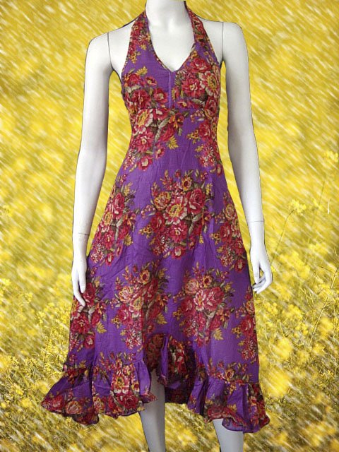 Purple V-neck Garden Floral Halter Cotton Dress