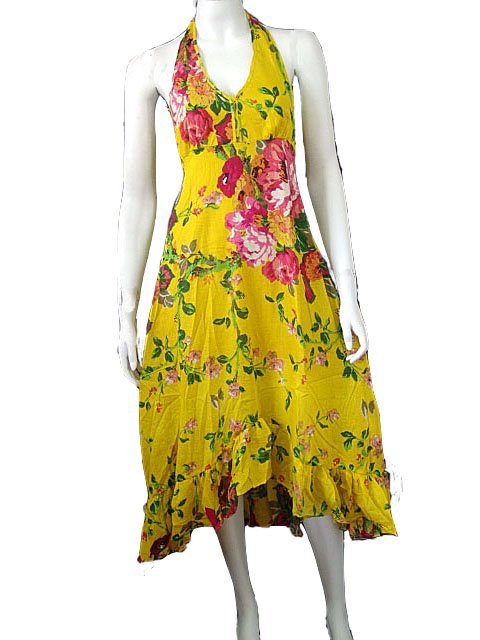 Yellow V-neck Cotton Halter Garden Party Dress