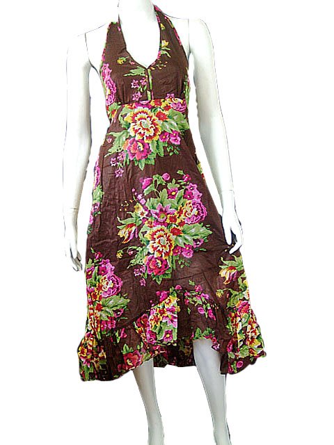 Brown Garden Floral Prints Halter Knee Length Cotton Dress