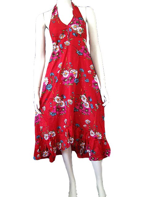 Hot Red Garden Floral Cotton Halter Dress