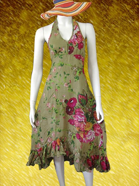 Green Cotton Country Garden Floral Halter dress