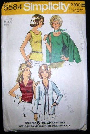 Vintage 1970's Simplicity Stretch Knit Sewing Pattern 5584 Cardigan Top Plus Size 18 UNCUT