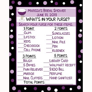 24 Personalized Baby Shower Game Cards WHATS IN YOUR PURSE GAME -- Wine and Ring in Purples