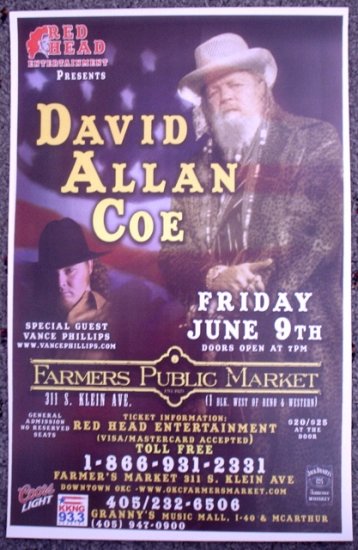 DAVID ALLAN COE rare promotional CONCERT poster vance