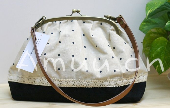 Sweet Zakka Style Big Cream With White And Navy Blue Polka Dots Lace Trim Shoulder Bag