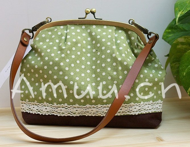 Sweet Zakka Style Big Green With White Polka Dots Lace Trim Shoulder Bag