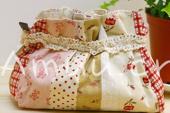 Sweet Zakka Style Pink And Cream Flower Quilt Pattern Lace Cotton Pouch Small Bag