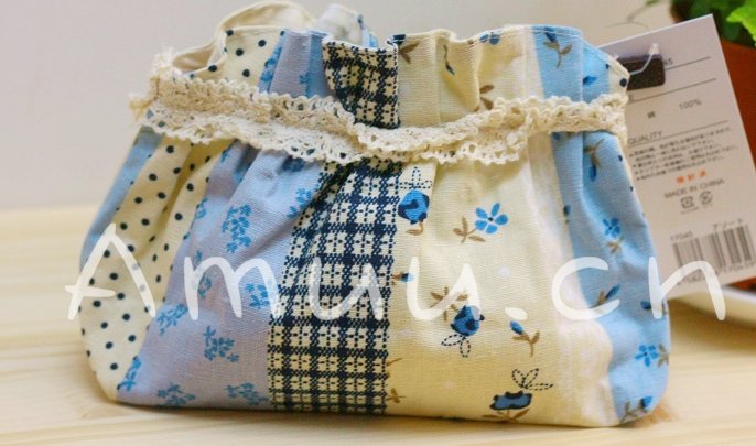 Sweet Zakka Style Blue And Cream Flower Quilt Pattern Lace Cotton Pouch Small Bag