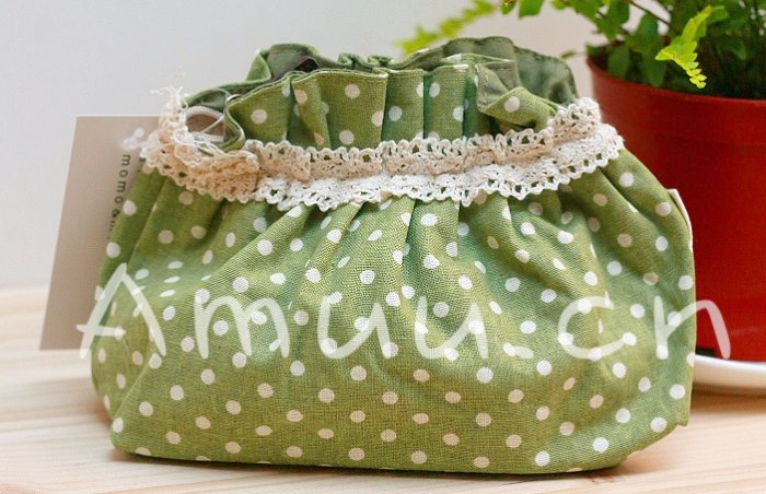 Sweet Zakka Style Sweet Green With White Polka Dots Pattern Lace Cotton Pouch Small Bag