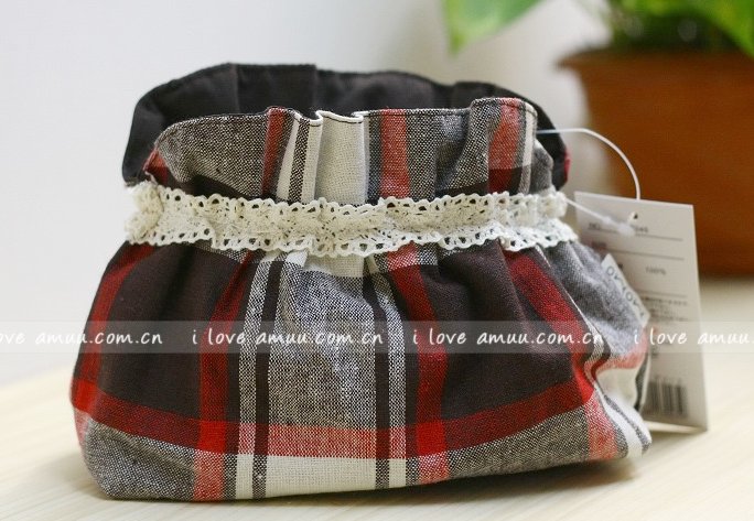 Sweet Zakka Style Preppy Brown Red Cream Checks Plaids Pattern Lace Cotton Pouch Small Bag