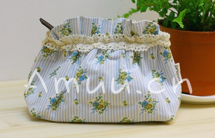 Sweet Zakka Style Light Blue Strips Blue Yellow Flowers Pattern Lace Cotton Pouch Small Bag